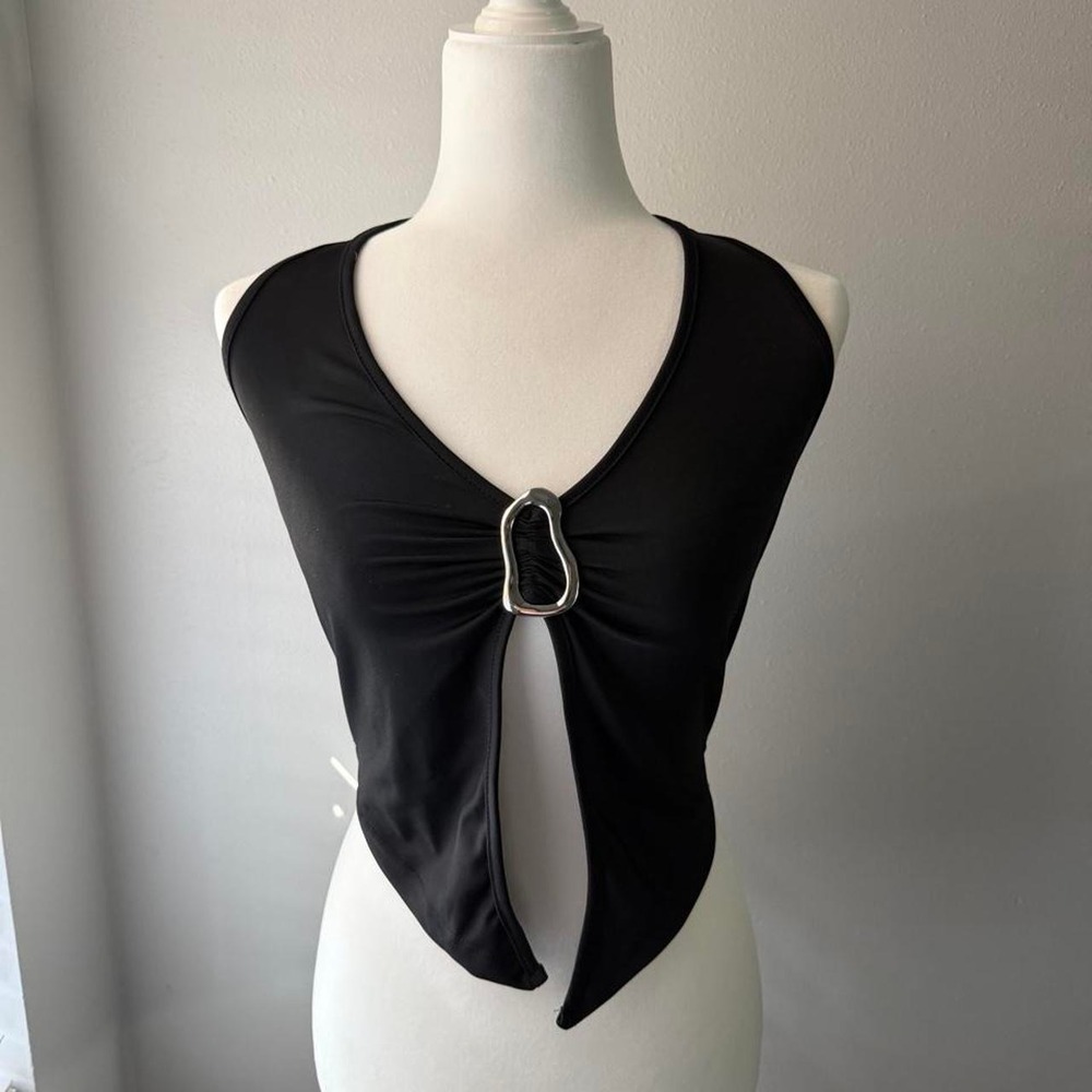 Unbranded Crop Halter Top Y2K Small Black Silver Buckle Detail Edgy